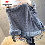 皮爾卡丹（pierre cardin）秋冬仿貂絨斗篷披肩蝙蝠衫女仿皮草外套大碼流蘇中長(cháng)款針織衫外套 灰色 圖片拍攝原因 有輕微色差  S