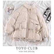 品牌折扣冬季大碼工裝羽絨棉服女加厚棉衣小個(gè)子面包服立領(lǐng)外套潮 米白色 M