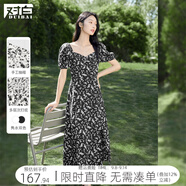 對(duì)白復(fù)古方領(lǐng)泡泡袖碎花連衣裙女2025夏新款獨(dú)特漂亮出游度假長裙 黑底小碎花 S