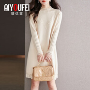 璦優(yōu)霏（aiyoufei）時(shí)尚小個(gè)子長(cháng)袖針織連衣裙女裝秋冬新款小香風(fēng)蕾絲拼接毛衣打底裙 米白色 XL 建議115-125斤左右