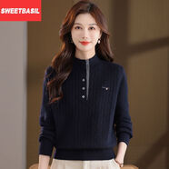 Sweet basil秋冬新款拼色大碼寬松毛衣顯瘦毛衣針織洋氣高領(lǐng)上衣 藏青 M   【90-105斤】