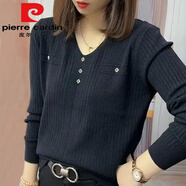 皮爾卡丹（pierre cardin）女打底衫女新款春秋時尚長袖針織毛衣韓版百寬松顯瘦減齡小衫 黑色今年流行的輕奢品牌 S 建議80-95斤