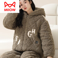 貓人（MiiOW）睡衣女士冬季新款珊瑚絨夾棉襖三層加厚加絨牛奶絨保暖秋冬款套裝 A99074 M