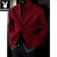 花花公子（PLAYBOY）男士2025新款秋冬外套感休閑運動紐扣夾克簡約棒球服保暖開衫 紅色 2XL 建議140-155斤