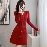 依伊純2025秋季新款小香風(fēng)連衣裙優(yōu)雅顯瘦小黑裙氣質(zhì)v領(lǐng)修身長(cháng)袖針織裙 紅色 S 85-95斤