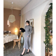 皮爾卡丹（pierre cardin）復(fù)古高領(lǐng)針織連衣裙女秋新款燈籠袖包臀魚尾長裙 灰色 均碼