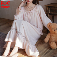 貓人（MiiOW）甜美宮廷風(fēng)蕾絲拼接純色連衣裙睡裙女春夏季純棉全棉長(cháng)裙家居服 粉色 M