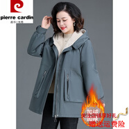皮爾卡丹中老年女裝秋冬外套加絨加厚中年人派克服媽媽冬裝棉衣中長(cháng)款棉襖 灰藍 XL 建議115-130斤