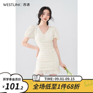 西遇V領(lǐng)泡泡袖連衣裙女2024年早夏新款法式褶皺收腰修身包臀裙子 黃色 L