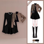 黛芙熙韓系美拉德蓬蓬裙套裝2025超火秋裝一整套ootd穿搭高級感連衣裙 咖色皮衣+黑色蓬蓬裙【秋季女款套裝/冬季一整套穿搭 M