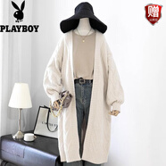 花花公子（PLAYBOY）春秋新款日系復古溫柔慵懶風(fēng)加厚中長(cháng)款針織開(kāi)衫純色毛衣外套女 米白色 均碼