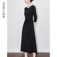 FEMLY輕奢重工釘鉆領(lǐng)修身收腰系帶顯瘦連衣裙2512602 黑色 S