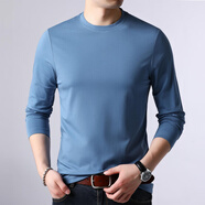 勁霸（JinBa）桑蠶絲莫代爾長(cháng)袖T恤男春秋季圓領(lǐng)白休閑體恤百搭打底衫 淺蘭色 XL 180