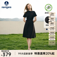 Navigare意大利小帆船短袖連衣裙女士夏季棉質(zhì)斜領(lǐng)裙子時(shí)尚顯瘦半袖a字裙 暗夜黑 L 碼