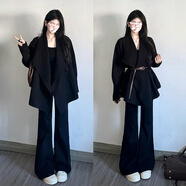 沐霓2025新款慵懶風(fēng)韓系高級感黑色翻領(lǐng)針織開(kāi)衫毛衣外套女秋冬小個(gè)子 黑色均碼【送腰帶】