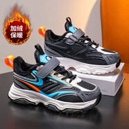 李寧熱男童鞋棉鞋2025秋冬新款兒童皮面防水運動(dòng)鞋中大童輕便男孩跑 2016黑灰棉鞋 28