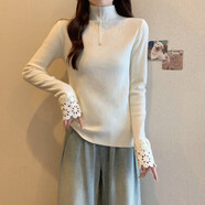 宿萊高領(lǐng)蕾絲拼接正肩針織衫內(nèi)搭大碼女裝胖妹妹秋冬款感緊身毛衣 米白色 S 建議80-90斤
