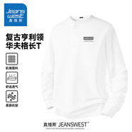 真維斯（Jeanswest）美式長(cháng)袖t恤男秋季潮牌寬松上衣2025新款休閑亨利領(lǐng)體恤衫內搭男 白色(愉快生活胸標) M (170)(30天質(zhì)量問(wèn)題全額退)