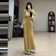 jane Deiune冬季女性黑色V領(lǐng)大衣配長(cháng)袖針織裙，高端腰型修身長(cháng)裙 【黃色】miu里miu氣連衣裙_連衣裙2024新款 L 55_60kg_