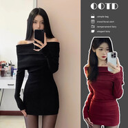 天啟世紀(jì)春季紅色一字肩小媽性感包臀裙女春秋冬修身2025早春連衣裙子 紅色一字肩連衣裙 S
