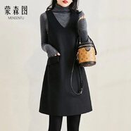蒙森圖（MENGSENTU）毛呢背心裙秋冬款馬甲連衣裙女覆古設計感背帶裙高腰顯瘦呢子無(wú)袖 黑色 M 80斤內