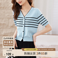 尚都比拉甜美少女感V領(lǐng)清新撞色條紋針織衫 藍色條紋 M