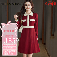 Ehangy奢侈高檔品牌針織連衣裙女2025秋季新款高級感時尚氣質(zhì)收腰裙子 酒紅 M
