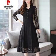皮爾卡丹早春秋蕾絲長袖連衣裙女2025新款貴婦人小個(gè)子法式氣質(zhì)長裙子 黑色 XL (115-130斤)
