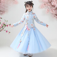 G.DUCKKIDS童裝女童漢服連衣裙2025年新款旗袍兒童女孩春秋古裝唐裝秋季裙子 藍色 110 cm