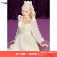 糖力在逃公主 秋新款長(zhǎng)袖蝴蝶結(jié)綁帶輕薄歐根紗花苞連衣裙女 杏色 S