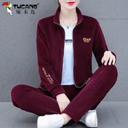 啄木鳥(niǎo)燈芯絨運動(dòng)套裝2025春秋季女裝新款時(shí)尚西式休閑三件套 酒紅色 L (95-110斤)