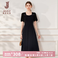 經(jīng)典故事（JANE STORY）2024新款法式赫本風(fēng)連衣裙女夏季高級感浪漫荷葉邊裙方領(lǐng)顯瘦長(cháng)裙 黑色 XL
