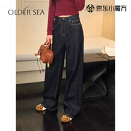 OLDER SEA復(fù)古闊腿牛仔褲女秋季2025年新款寬松顯瘦垂感直筒褲拖地褲長(zhǎng)褲子 藏藍(lán)色 S 推薦95斤內(nèi)