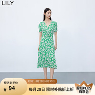 LILY【專(zhuān)柜甄選】秋新款女裝含真絲復古印花泡泡袖垂感連衣裙 309翠綠 XS