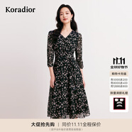 珂萊蒂爾秋季時尚優(yōu)雅黑色印花七分袖A字連衣裙中長款女 黑色 M