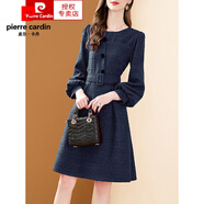 皮爾卡丹品牌女裝毛呢格子連衣裙女2025秋冬新款氣質(zhì)袖拉鏈修身a字裙  X 藍色 M