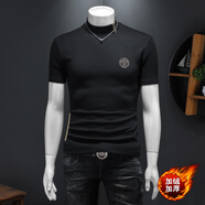 管先生秋冬款加厚短袖T恤男刺繡半高領(lǐng)打底衫冬天保暖中領(lǐng)半袖內搭小衫 36969黑色 5XL