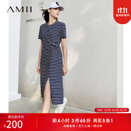 AMII女裝2025夏季新款條紋連衣裙女收褶休閑裙子高開(kāi) 深海藍白條 S 155/80A