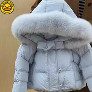 G.DUCKKIDS女童短款羽絨服2025新款韓版毛領(lǐng)面包服冬季兒童連帽加厚棉衣外套 藍色 150 cm 建議身高140-145cm11-12歲