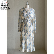 漢卿中夏淑女氣質(zhì)韓國Chic碎花連衣裙百褶雪紡長(cháng)袖連衣裙韓版長(cháng)裙 藍色 均碼