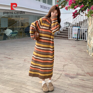 皮爾卡丹（pierre cardin）撞色條紋連帽衛(wèi)衣連衣裙女秋冬新款韓系直筒大碼寬松長款毛衣長裙 條紋毛衣裙 M （105-115斤）