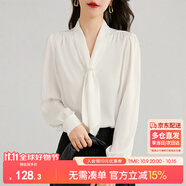 尚都比拉通勤飄帶領(lǐng)白色襯衫女秋季上衣珍珠扣設(shè)計(jì)氣質(zhì)休閑時(shí)尚洋氣襯衣