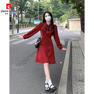 皮爾卡丹大碼小香風(fēng)紅色長(zhǎng)袖連衣裙女秋冬胖mm收腰加厚新中式新年戰(zhàn)袍裙子 紅色短裙 2XL 135-155斤