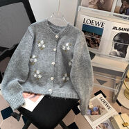 紫昕月春秋新款羊駝絨圓領(lǐng)繡花針織開衫毛衣女外套歐美風(fēng)穿搭短款女上衣 a181煙灰色 S /80-95斤