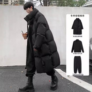 安初夏棉服男中長(cháng)款冬季外套加厚保暖羽絨棉衣襖子冬裝潮牌男生一套搭配 黑色棉服+毛衣+加絨休閑褲 XL 適合體重120-140斤