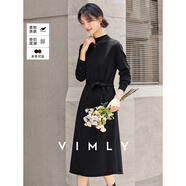 梵希蔓黑色半高領(lǐng)毛織連衣裙女25秋新款法式長(cháng)袖卷邊收腰a字長(cháng)裙 75183 黑色 XL （建議120-130斤）