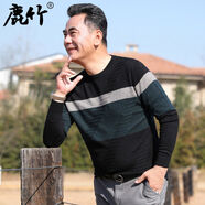 鹿竹爸爸秋裝圓領(lǐng)上衣男中老年人寬松大碼長袖t恤中年男士針織打 黑色柔軟針織 XL