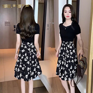 夏典素訂女王（SE.PSTP）冰絲連衣裙女時(shí)尚洋氣2025夏季新款收腰超顯瘦氣質(zhì)小個(gè)子A字裙子 黑色拼白花 3XL -【體重136-150斤】