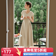 Olrain歐芮兒深灰色連衣裙女裝夏季新款時尚收腰顯瘦傘擺裙子 裸杏色 XL