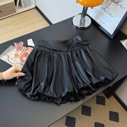 柒十念pu皮褲花苞短褲裙女秋季新款小個(gè)子高腰顯瘦休閑百搭a字外穿靴褲 黑色 S